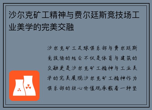沙尔克矿工精神与费尔廷斯竞技场工业美学的完美交融