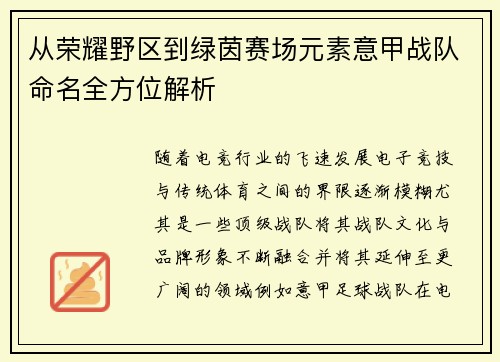 从荣耀野区到绿茵赛场元素意甲战队命名全方位解析