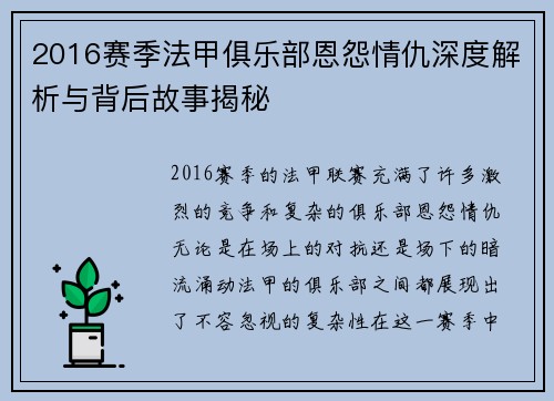 2016赛季法甲俱乐部恩怨情仇深度解析与背后故事揭秘