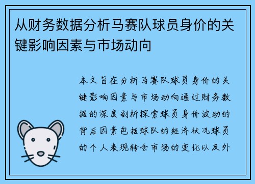 从财务数据分析马赛队球员身价的关键影响因素与市场动向
