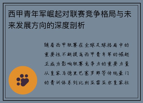 西甲青年军崛起对联赛竞争格局与未来发展方向的深度剖析